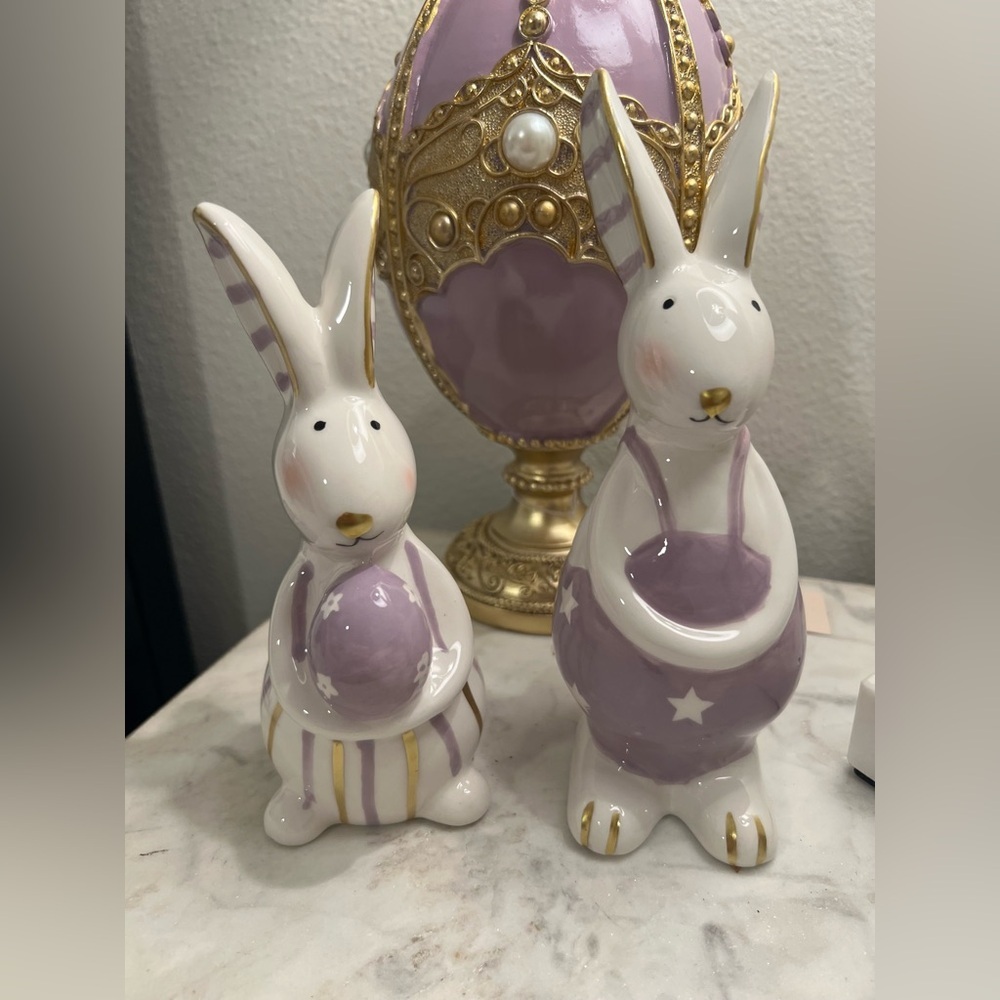 Modern Bunny Ceramic Decor – Set of 2 Pastel Purple & White Bunnies